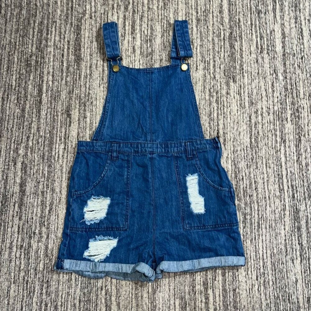 Tinseltown Women’s Size Medium Denim Shortalls Blue Distressed 100% Cotton Great
